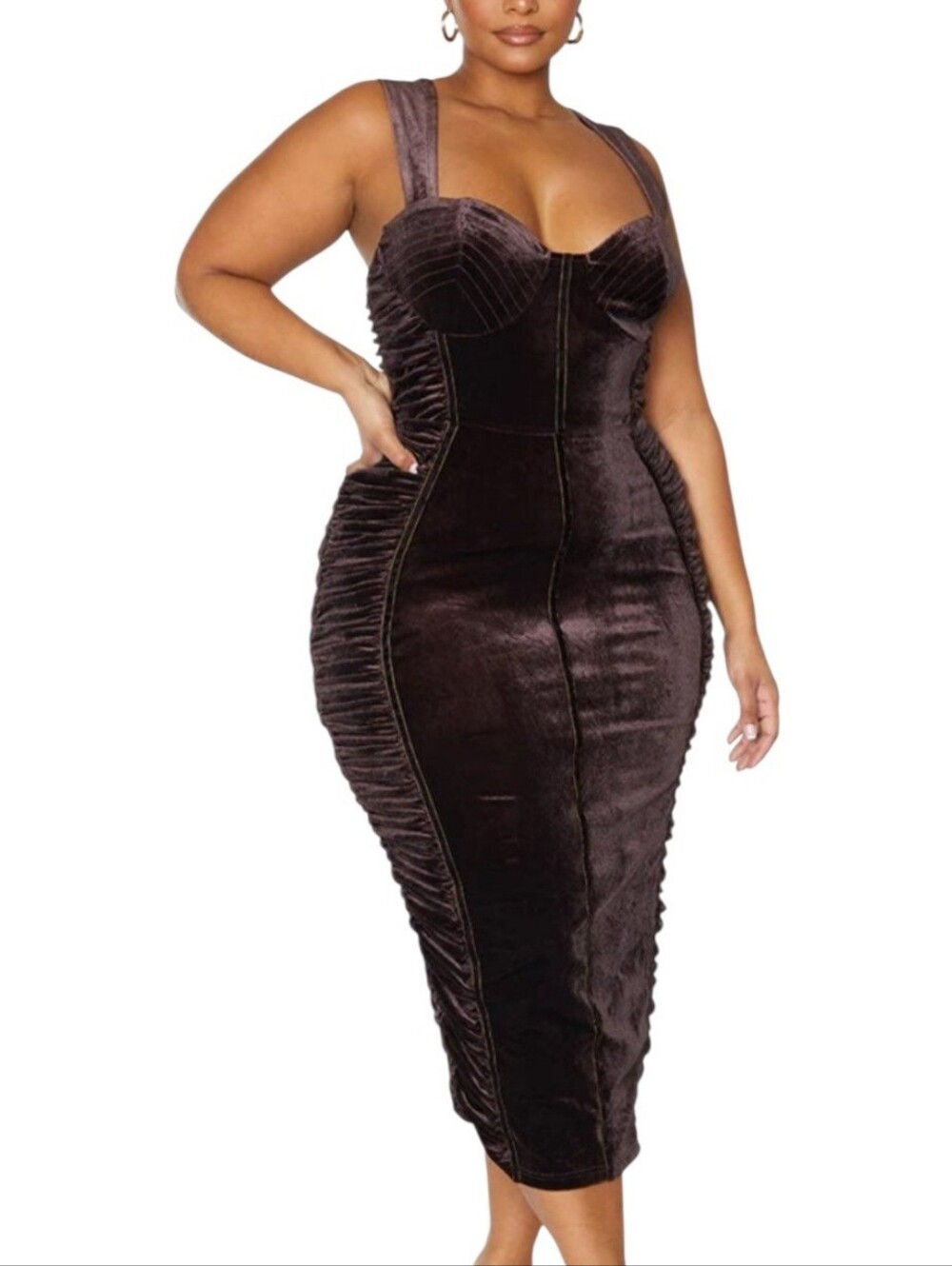 Whimsigoth Witchy Ruched Sides Pretty Little Thing Black Velvet Midi Dress 18